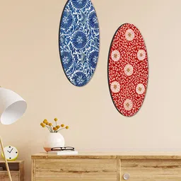 SAF 2 Pcs Blue & Red Oval Shaped Floral Theme Wooden Wall Hangings-image-97