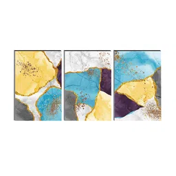 SAF Set of 3 Blue & Yellow Modern Art Large Panel UV Textured Wall Painting image 2