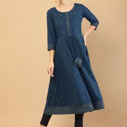 Soch Women Navy Blue Geometric Embroidered Mirror Work Floral Kurta-image-20