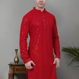 Jompers Geometric Embroidered Mandarin Collar Sequinned Pure Cotton Straight Kurta image 3