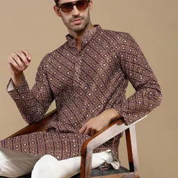 Anouk Rust Geometric Embroidered Cotton Sequins Mandarin Collar Straight  Kurta-image-16