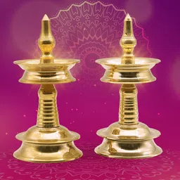 PujaNPujari Gold Toned & Brown 2 Pieces Textured Diya Kerala Brass Oil Lamp-image-23