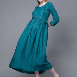 DUMMY SHAPE Self Designed Embroidered Fit & Flare Midi Pure Cotton Maternity Feeding Dress image 4