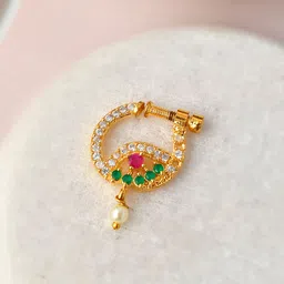 Silvermerc Designs Gold Plated Green & Pink Stone Studded Floral Meenakari Nose Ring-picture-33