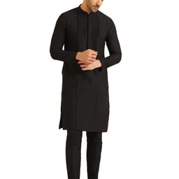 kisah Men's Kurta Trouser Set, Black Cotton Blend, Embellished Regular Fit Mandarin Collar Full Sleeves image 1