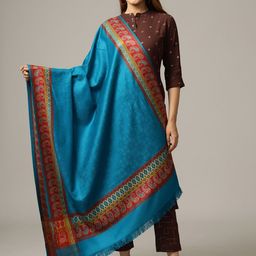 HANDICRAFT PALACE Women Turquoise Blue Hand Woven Design Jamwar Paisley Wool Shawl-picture-26