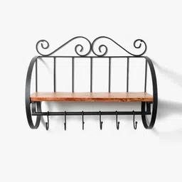 CASA DECOR Brown Wood Mid-Century French Wall Shelf with Keyholders-image-73