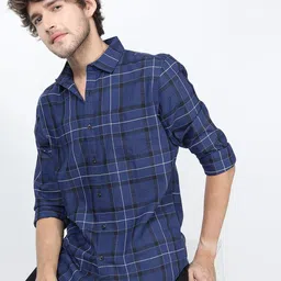 HIGHLANDER Men Navy Blue & White Slim Fit Checked Casual Shirt-picture-20