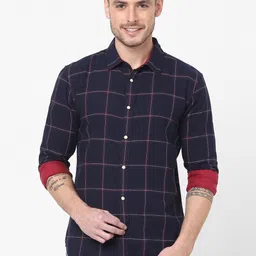 Celio Men Navy Blue Windowpane Checked Regular Fit Casual Shirt-picture-31
