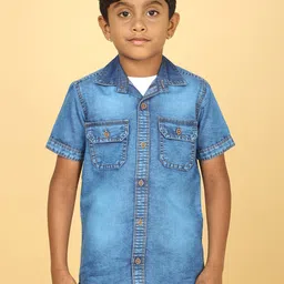 CAZZBA Boys Spread Collar Washed Casual Denim Shirt-image-8