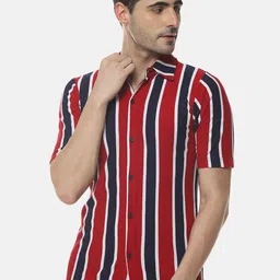 Campus Sutra Navy Blue & Red Striped Classic Cotton Casual Shirt-image-65