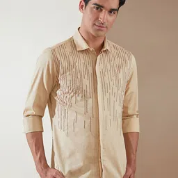 HE SPOKE Smart Tailored Fit Striped Embroidered Spread Collar Twill Weave Cotton Shirt-image-98