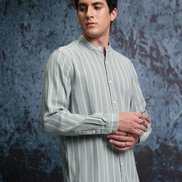 Locomotive Men Olive Mock Lino Dobby Textured Striper Stand-Up Collar Regular Shirt-picture-21