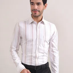 LOUIS STITCH Comfort Vertical Striped Spread Collar Chest Pocket Cotton Formal Shirt-image-62