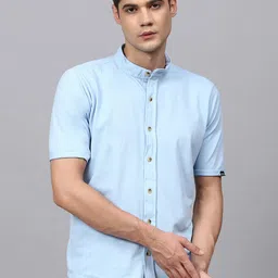 Campus Sutra Blue Band Collar Classic Cotton Shirt-image-88