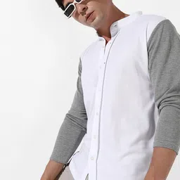 Campus Sutra Grey & White Colourblocked Classic Fit Cotton Casual Shirt-image-76