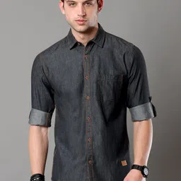 Tallwalker Straight Slim Fit Roll-Up Sleeves Denim Casual Shirt-picture-39