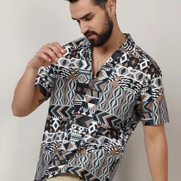 Campus Sutra Brown Classic Ethnic Motifs Printed Cuban Collar Casual Shirt-picture-20