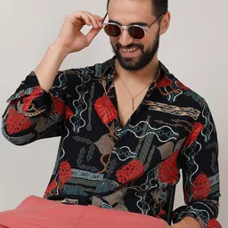 Campus Sutra Black Classic Ethnic Motifs Printed Spread Collar Casual Shirt-image-40