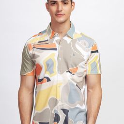 BULLMER Straight Abstract Printed Spread Collar Cotton Curved Casual Shirt-picture-5
