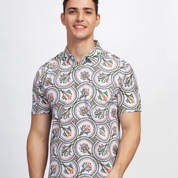 BULLMER Straight Fit Abstract Printed Spread Collar Short Sleeves Casual Shirt-picture-32