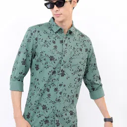 HIGHLANDER Men Green Slim Fit Floral Printed Cotton Casual Shirt-image-80