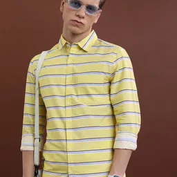 KETCH Yellow Slim Fit Horizontal Stripes Opaque Cotton Casual Shirt-image-11
