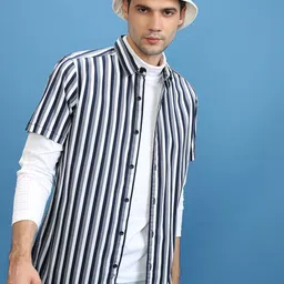 KETCH Navy Blue Slim Fit Opaque Vertical Striped Cotton Casual Shirt-picture-35