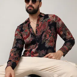 Campus Sutra Black Classic Floral Printed Spread Collar Casual Shirt-image-2