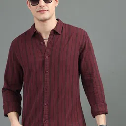 HERE&NOW Maroon Slim Fit Vertical Striped Cotton Casual Shirt-picture-11
