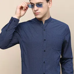 INVICTUS Standard Slim Fit Geometric Printed Mandarin Collar Cotton Formal Shirt image 4