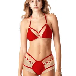 styledose Women's Cut Out Ring Halter Bikini Set 2 Piece Straps Swimsuits Red image 1