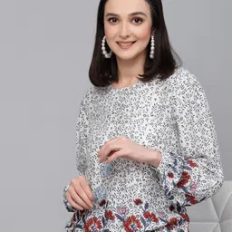 Style Quotient White Floral Printed Puff Sleeves Round Neck Top-picture-19