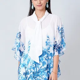 First Resort by Ramola Bachchan Women White & Blue Floral Printed Longline Top image 1