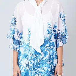 First Resort by Ramola Bachchan Women White & Blue Floral Printed Longline Top image 2