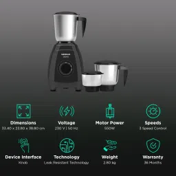 HAVELLS Segno Plus 550 Watt 3 Jars Juicer Mixer Grinder (Heavy Duty Motor, Black) image 2