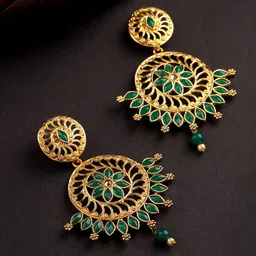 Priyaasi Green Gold-Plated Handcrafted Stone-Studded Circular Drop Earrings-picture-24