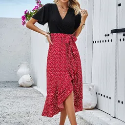 all about you Geometric Print V-Neck Flared Sleeves Fit & Flare Dress-image-0
