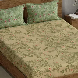 Huesland Green & Brown Floral 144 TC Cotton Double King Bedsheet with 2 Pillow Covers-picture-41