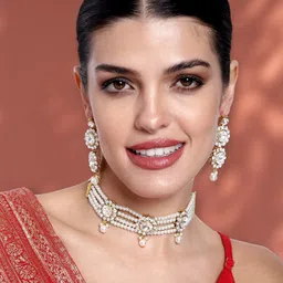 Peora Gold-Plated & White Beaded Stone Studded Choker Necklace with Earring Set image 2