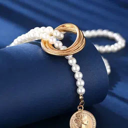 Yellow Chimes Gold-Toned & White Pearl Beaded Elegant Knot Designed Necklace image 5