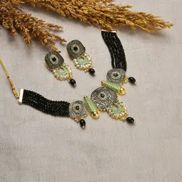 SOHI Women Black & Green Gold-Plated Kundan Necklace Set-picture-23