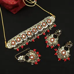 StileAdda Gold-Plated Maroon Stone-Studded & Beaded Jewellery Set-image-36