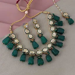 LUCKY JEWELLERY Gold-Plated White & Green Kundan-Studded & Beaded Jewellery Set-picture-38