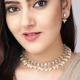 Rubans Woman Gold-Plated White Kundan-Studded & Beaded Handcrafted Necklace Set-picture-46
