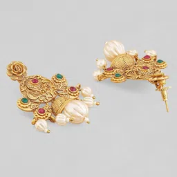 Rubans Gold-Plated Pink & Red Pearl Studed & Beaded Pendant Necklace Set image 4