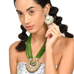 ODETTE Gold-Toned White & Green Kundan-Studded & beaded Jewellery Set image 1