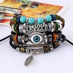 Yellow Chimes Unisex Evil Eye Black & Blue Leather Wraparound Bracelet image 1