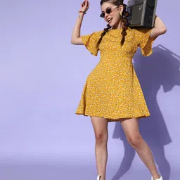 DressBerry Women Stylish Mustard Floral 70s Mini Dress image 1