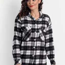 Emprall Women Multicoloured Checked Fleece Longline Tailored Jacket-picture-40